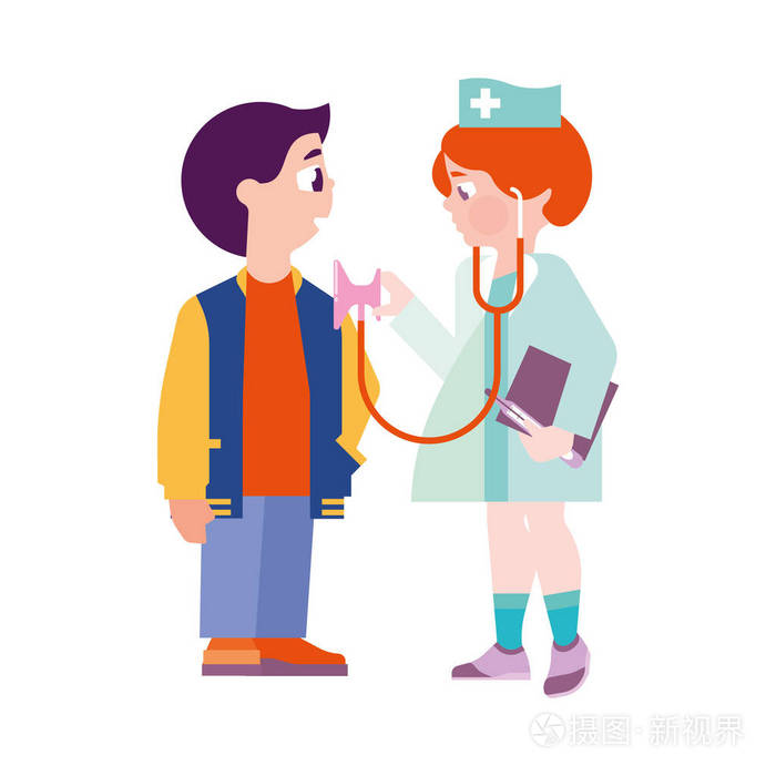 在医生的衣服的女孩听男孩的听诊器,游戏去看医生