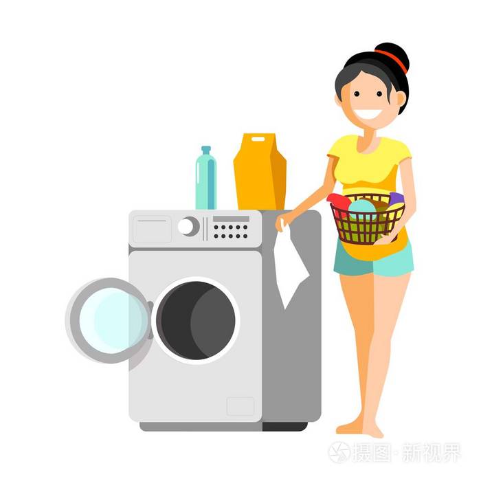 性格开朗的女人把衣服放到洗衣机