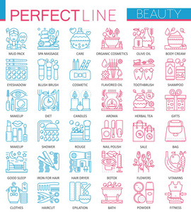 美容 spa 美容概念符号。完美的色彩细线图标。现代的线性样式插图集