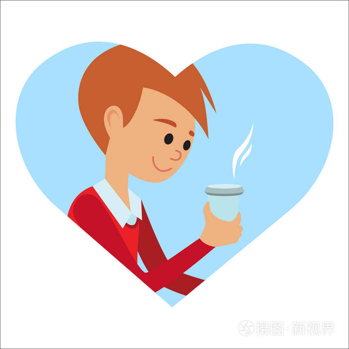 杯子在他手里,喝着热咖啡的男人.矢量图图标