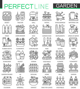 园艺和插花概述概念的符号。完美的细线描边的图标。现代的线性样式插图集