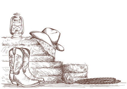 手绘牛仔背景与西方的靴子和西的帽子在 r
