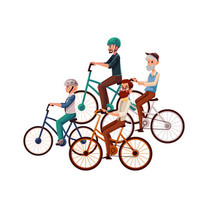 十几岁的男孩和年轻，成熟的老男人骑自行车，骑自行车