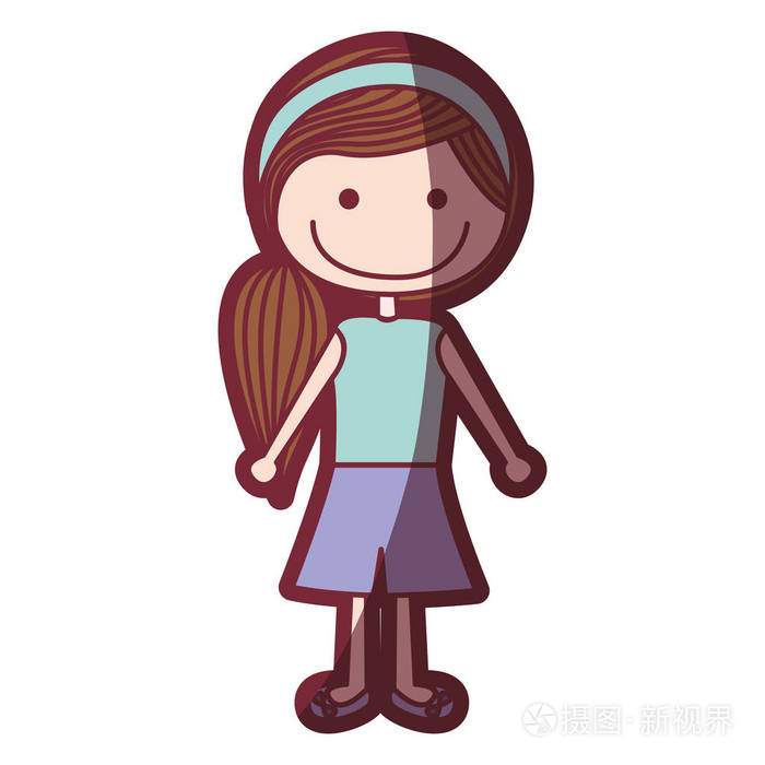 颜色的剪影底纹卡通侧马尾辫头发女孩与衬衫和裙子
