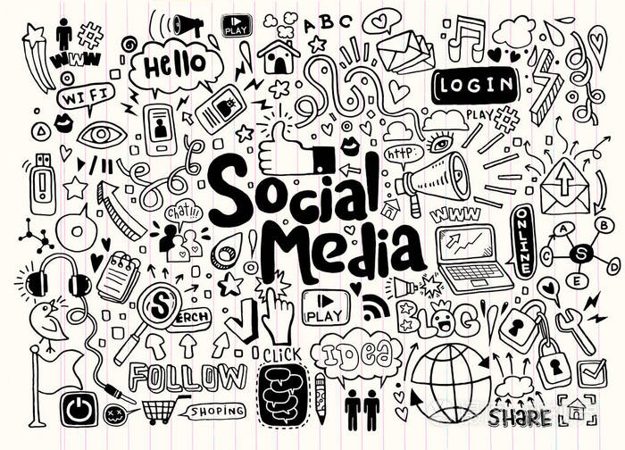 矢量线条艺术涂鸦卡通组的对象和社会媒体主题上的符号