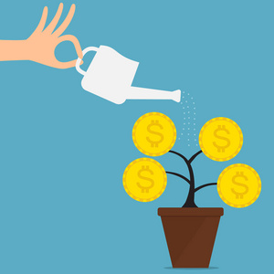 浇水钱硬币树与能的手。增长和投资的概念。矢量插图业务概念设计