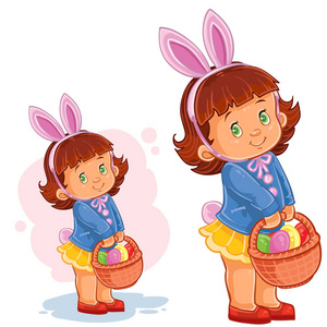 矢量兔子耳朵的小女孩和一篮子的复活节彩蛋狩猎