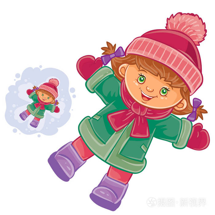 矢量小女孩躺在雪上使雪天使