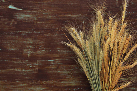 小麦作物木制的桌子上。犹太节日五旬节的象征