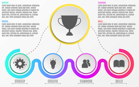 现代信息图表。在从纸现实圆和直线的平面样式的抽象图。成功的步骤。优质的工作和战略。矢量图
