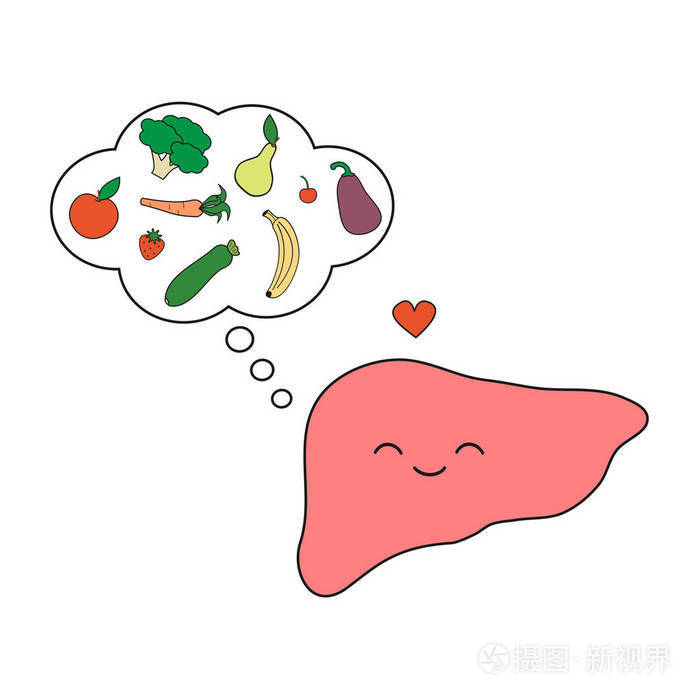 可爱和有趣,微笑孤立在白色背景上的肝人性思维健康食品卡通矢量概念