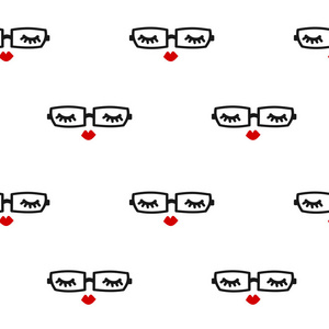 可爱的无缝矢量模式背景图和睫毛，红红的嘴唇和眼镜