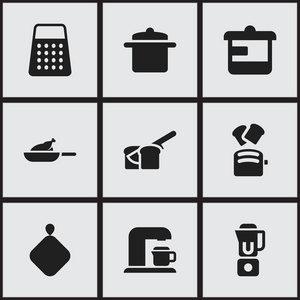 9 可编辑餐图标集。包括符号锅垫 器物 面包店等。可用于 Web 移动 Ui 和数据图表设计