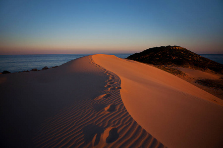 沙丘上的日落在沙漠上的脚印