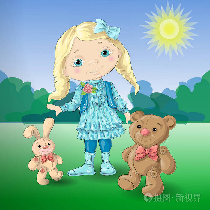 可爱的卡通女孩与玩具玩具熊和兔子