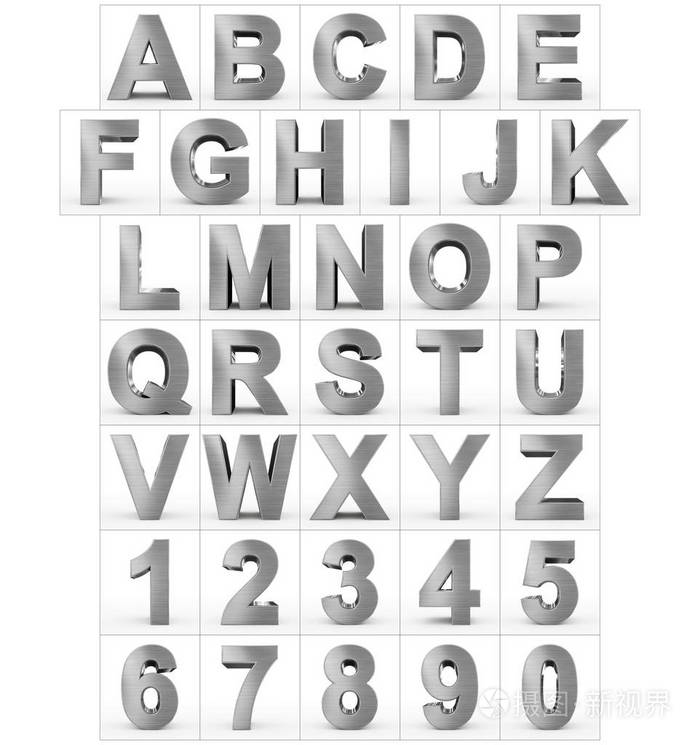 字母和数字 3d 金属上白色孤立