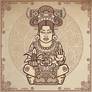 动画肖像的异教女神基于动机的艺术美国土著印第安人。背景仿旧纸 装饰框架 魔术圈。颜色