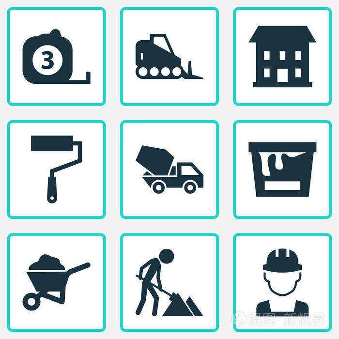 施工图标设置.油漆桶, 维修保养, 携带购物车和其他元素的集合.