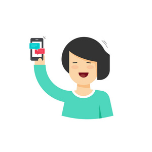 卡通幸福的女人抱着聊天通知的智能手机，移动电话和短信的女性人