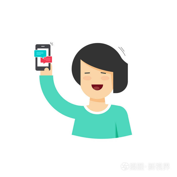 卡通幸福的女人抱着聊天通知的智能手机,移动电话和短信的女性人