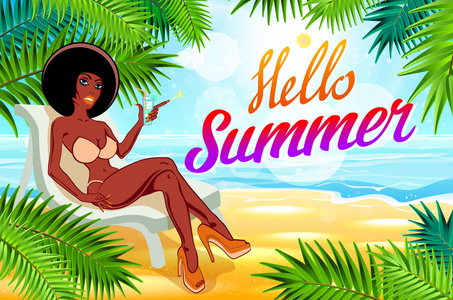 海海滩和需要日光浴矢量你好夏天刻字女人上。比基尼女孩。女郎老式的海报