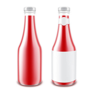 向量集的空白玻璃光泽红番茄番茄酱瓶为品牌没有与孤立的白色背景上的标签