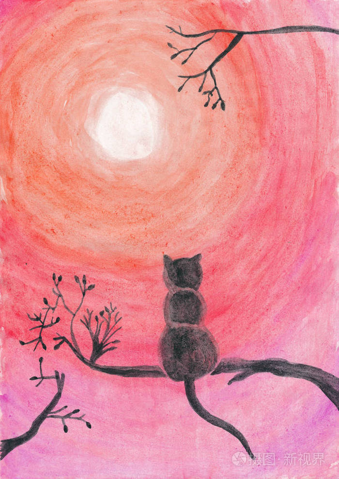 一只猫在树上的水彩插图