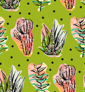 唯一热带手绘制的矢量抽象图形创意肉质植物,仙人掌和植物无缝模式上