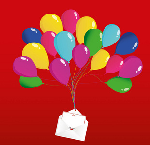 空气五彩的气球抬起信封或封信与心