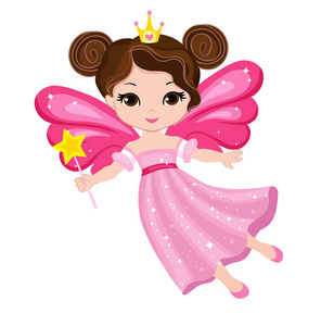 美丽的小仙女,穿着粉红色的连衣裙,用魔杖照片