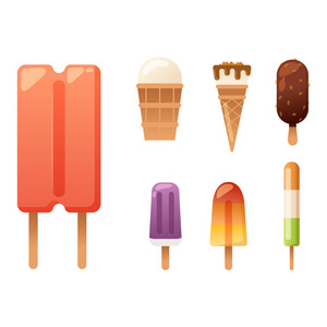 设置冰卡通多彩奶油甜点矢量插画巧克力食品甜冷孤立的图标小吃锥美味水果冷冻糖果集合
