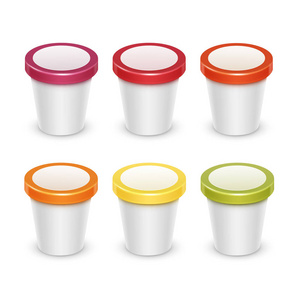 矢量设置的白色彩色红色绿色橙色黄色空白食品塑料浴缸桶容器为水果浆果甜点酸奶冰淇淋包设计小样收起来在白色背景上的分离