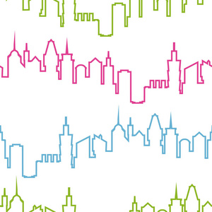 现代城市剪影无缝模式。城市设计的矢量图。建筑施工壁纸。艺术小镇模式元素与摩天大楼街道全景。城市景观模式集