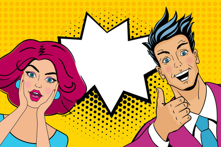 有吸引力的惊讶的男人和女人在波普艺术漫画复古风格 wuth 张开的嘴.