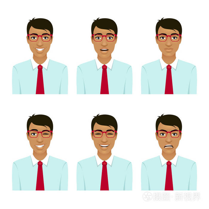 不同的男性头像表情集.白色背景上的矢量卡通人物