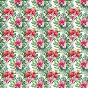 美丽明亮可爱精彩绿色热带夏威夷花卉草药夏天炫彩花纹的热带花卉和棕榈叶水彩手绘