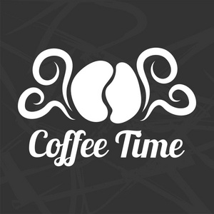 咖啡时间标识设计孤立在黑色的背景。咖啡豆