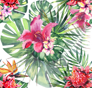 美丽明亮可爱炫彩热带夏威夷花卉草药夏季花纹的热带花芙蓉兰花和棕榈树的叶子水彩手绘
