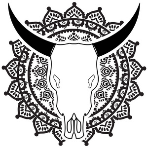 野生动物头骨在黑色和白色，涡旋形元素用手启发在曼荼罗风格背景上绘制艺术和美国原住民的人纹身和艺术