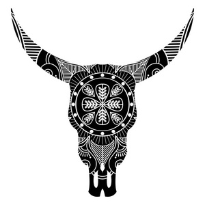 在黑色和白色手工启发野生动物头骨上顶部绘制艺术和美国原住民的人纹身和 manadala 装饰艺术