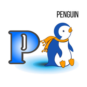 可爱动物园字母 p 与卡通企鹅,鸟孩子动物矢量搞笑插画背景下,一个