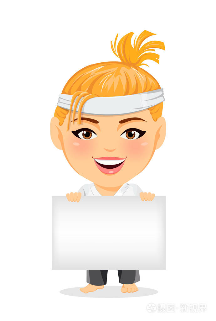 微笑与大头举空白牌子滑稽的卡通人物.矢量图