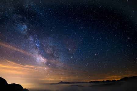 多彩发光的核心银河和满天星斗的天空，在对意大利的阿尔卑斯山，都灵省夏季在高空捕获。火星和土星发光中间框架