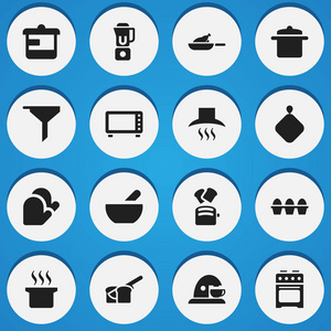 16 可编辑食物图标集。包括符号等用具，厨房手套锅垫和更多。可用于 Web 移动 Ui 和数据图表设计