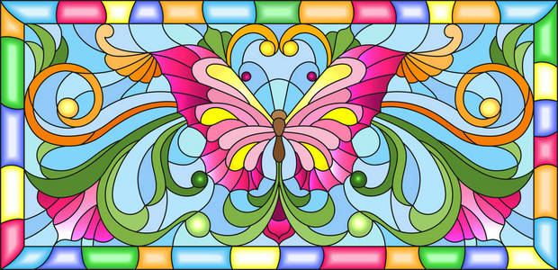 在彩色玻璃风格与鲜艳的蝴蝶和花卉装饰在框架中的蓝色背景上的插图