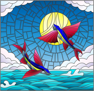 插图在彩色玻璃风格与飞鱼背景上一双水 云 天空和太阳照片