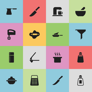 16 可编辑食物图标集。包括汤 烤架 食盐等符号。可用于 Web 移动 Ui 和数据图表设计