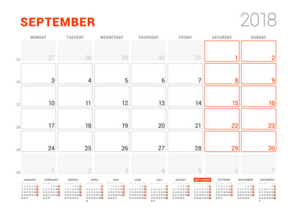 2018 年的日历模板。9 月。商务策划师与年的日历。文具设计。周从星期一开始。矢量图