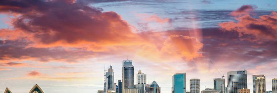 悉尼，澳大利亚。在日落时全景的城市天际线