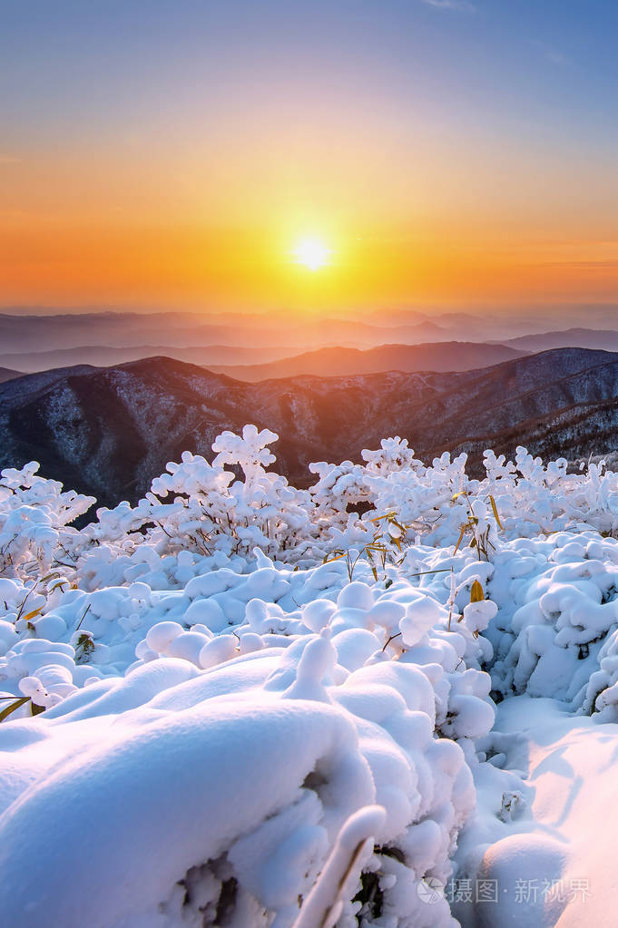 在韩国的冬天白雪覆盖的德裕山山上的日出